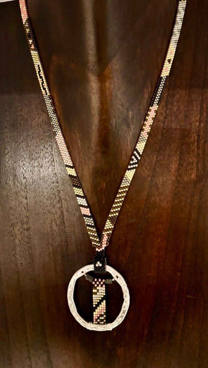 Patterned Necklace with Fine Silver Ellipse