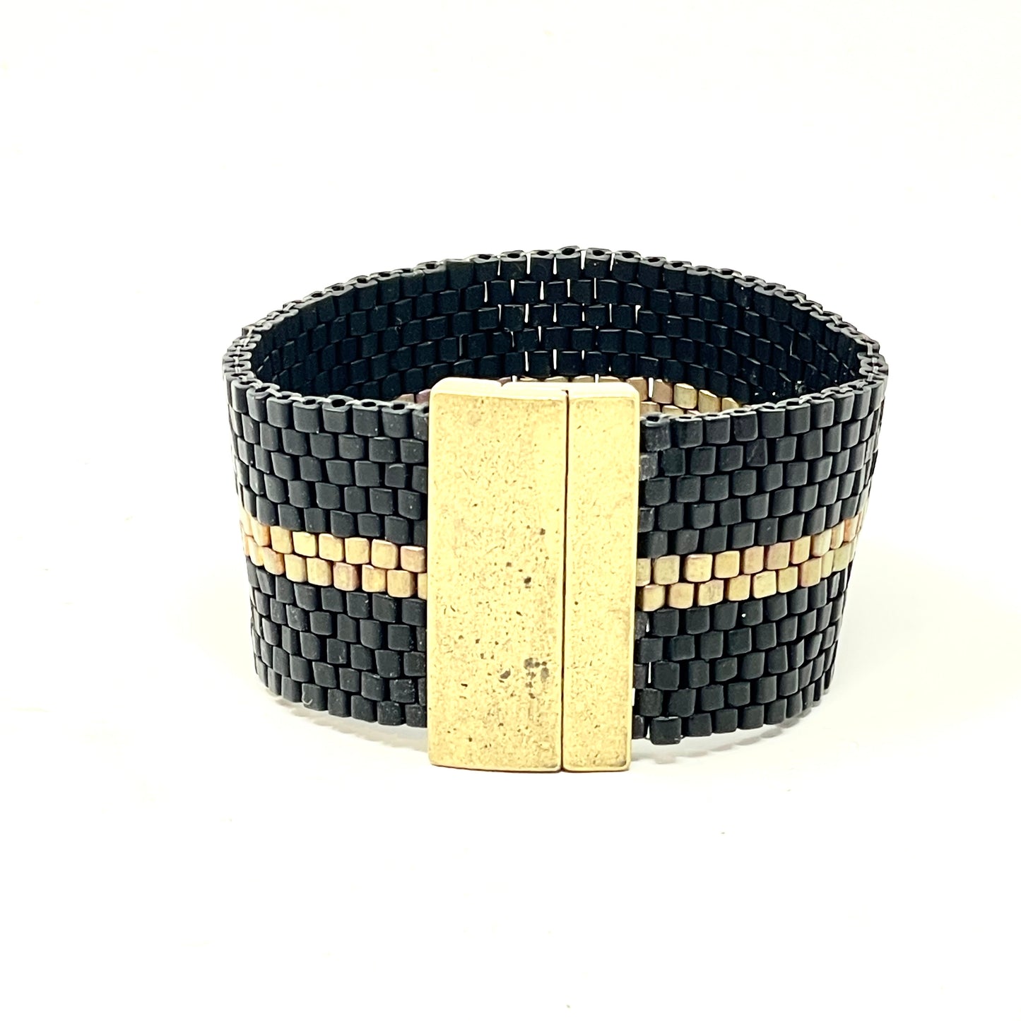 Beaded Cuff Wide Black w/ Gold Stripe
