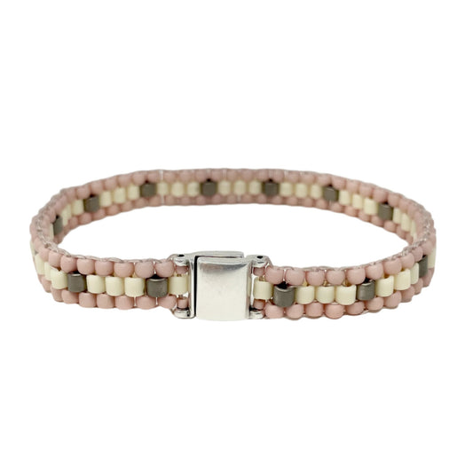 Skinny Peyote Beaded Bracelet - light pink, silver & ivory