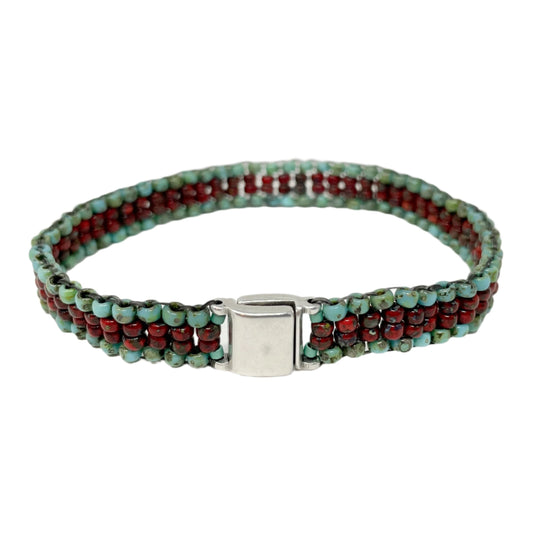 Skinny Peyote Beaded Bracelet - Turquoise & Scarlet